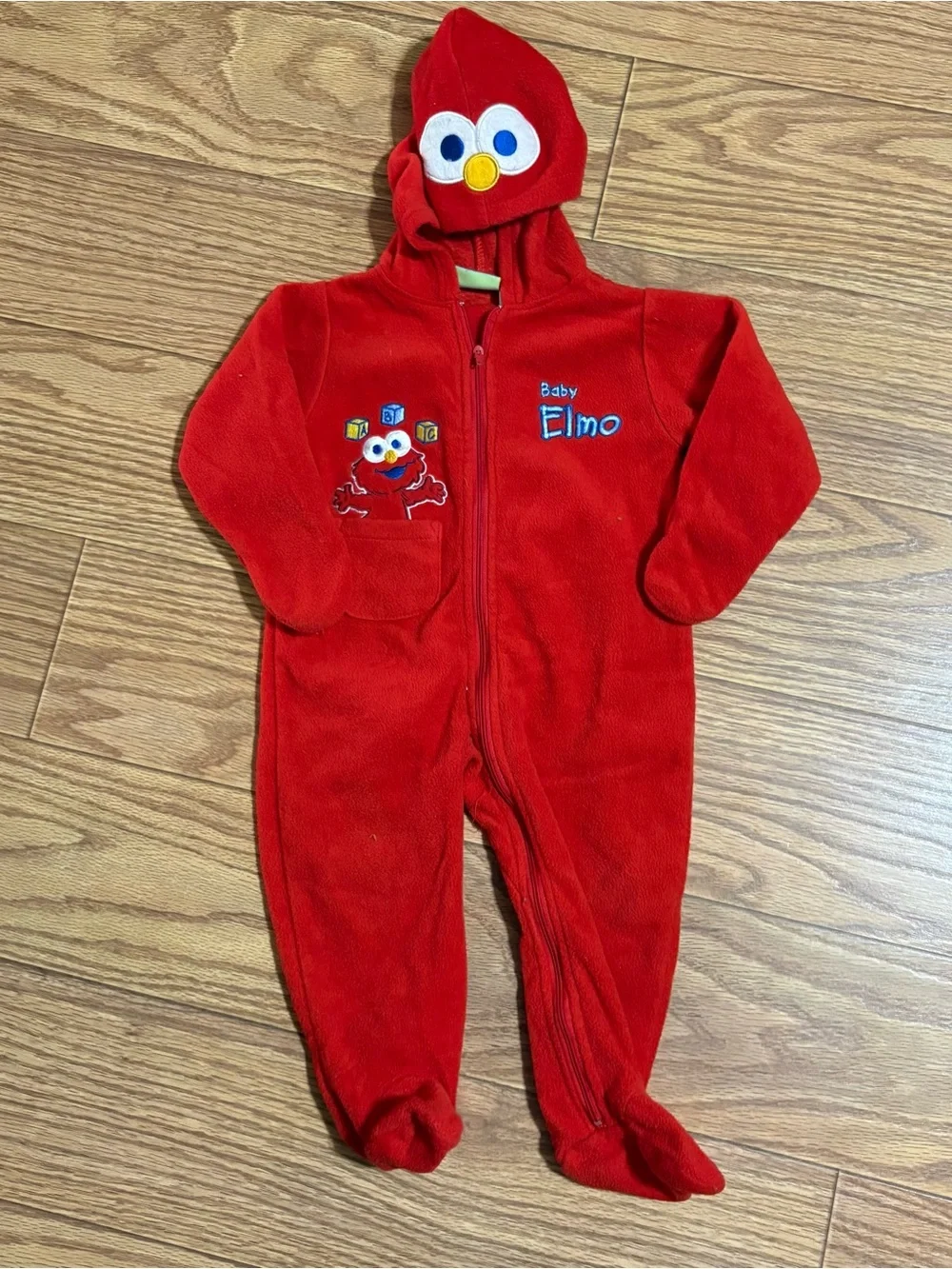Vintage Elmo Hooded Pajamas Bodysuit 6-9 Months Red Fleece Zip Up Sesame Street